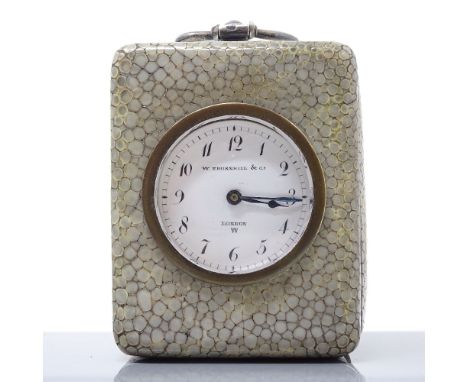 A Victorian silver and shagreen-cased miniature carriage clock, enamel dial signed W Thornhill & Co London, hallmarks London 