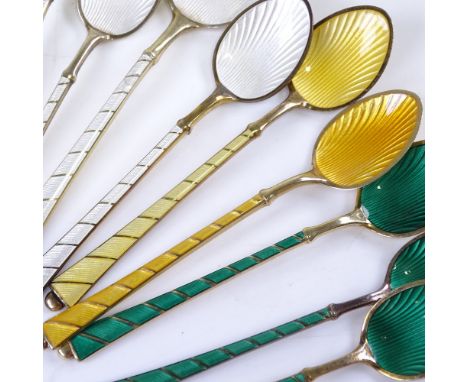 EGON LAURIDSEN - a set of 15 Danish vermeil sterling silver and harlequin enamel coffee spoons, and 2 sterling and white enam