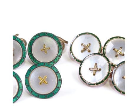 A matched set of 9ct rose gold and unmarked yellow metal mother-of-pearl and green enamel button design dress set, comprising