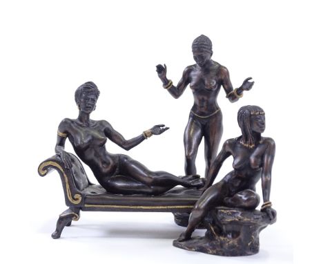 Ronald Cameron (1930 - 2013), a set of 3 miniature patinated and parcel gilt-bronze naked Nubian girls, all signed, tallest h