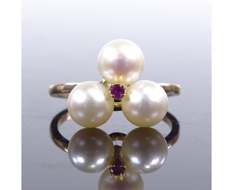 An unmarked gold whole pearl ruby dress ring, setting height 11.9mm, size L, 2.9gGood overall condition, ring has been repurp