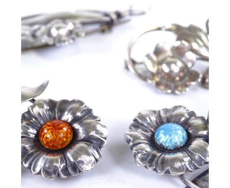 4 Danish silver and enamel floral spray brooches, makers include Aage Albing and Hugo Grun, largest length 64.9mm, 37.5g tota