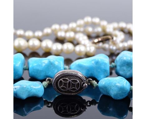 A single strand graduated Princess pearl necklace, 9ct clasp, length 18", and a turquoise bead necklace with silver clasp, le