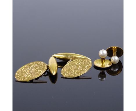 An early 20th century pair of 9ct gold cufflinks, foliate and floral engraved decoration, and a pair of 9ct pearl dress studs