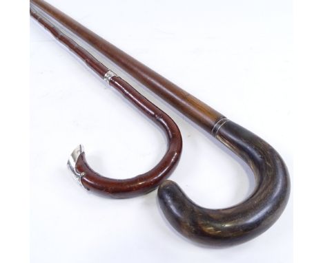 A silver-mounted walking cane, and a horn-handled walking stick (2) 