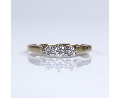 A 9ct gold 3-stone diamond half hoop ring, total diamond content approx 0.15ct, setting height 3.8mm, size O, 1.4gVery good o