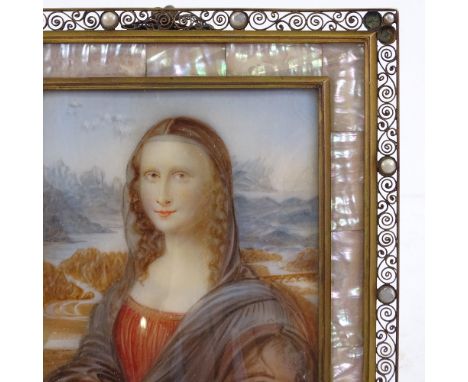 Watercolour on ivory, after Leonardo, The Mona Lisa, unsigned, in mother-of-pearl inset brass filigree frame, overall frame d