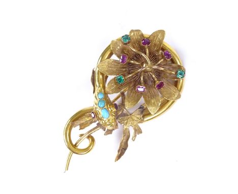 A Victorian unmarked gold ruby emerald and turquoise flower and entwined snake memorial brooch, glass-fronted panel on the re