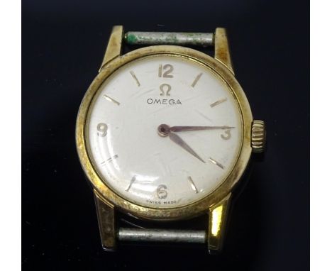 OMEGA - a lady's Vintage gold plated mechanical wristwatch head, ref. 2950-1, champagne dial with quarterly gilt Arabic numer