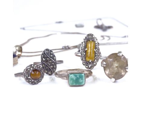 Various silver and costume jewellery including gem set cross, amber ring, snake link chain etcLot sold as seen unless specifi