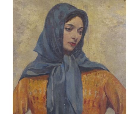 Late 19th/early 20th century oil on canvas, portrait of a woman wearing a blue scarf, signed Tell, possibly Russian or Easter