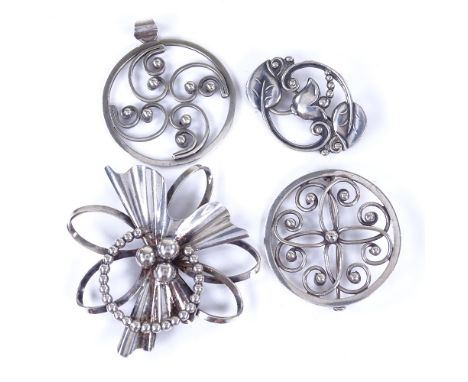 4 Danish stylised silver brooches/pendant, markers include Henry Roland, Christian Veilskov, Willy H J Krogmar etc, largest l