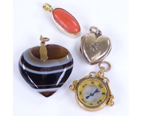 4 9ct gold and unmarked yellow metal pendants, including compass, banded agate heart, diamond heart locket etc, largest heigh