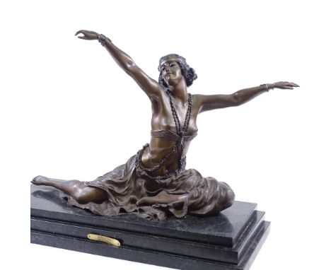 CLAIRE COLINET - patinated bronze sculpture, erotic female dancer, on stepped marble plinth, signed and dated 1920, plinth le