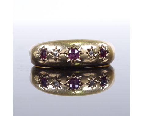 An early 20th century 18ct gold 5 stone ruby and diamond gypsy ring, hallmarks Chester 1901, setting height 6.6mm, size P, 2g
