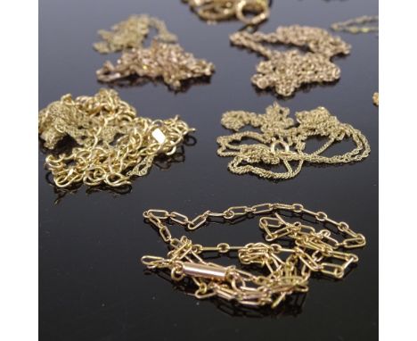 Collection of various English and Continental 9ct gold chain necklaces, including anchor link, box link and rope twist, 61.3g