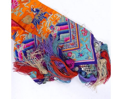 A Chinese gold braid and silk embroidered sash with tassels 