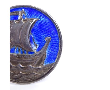 A mid-century silver and blue enamel Viking ship brooch, relief decoration, by A H Darby & Sons, hallmarks Birmingham 1947, b