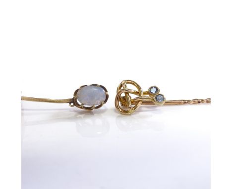 2 gold stone set stick pins, comprising 15ct sapphire drop example, and unmarked cabochon opal example, largest overall lengt