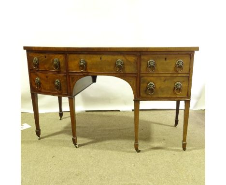 George III mahogany bow-front knee-hole sideboard, with brass lion ring handles and tapered legs, width 153cm, height 93cm, d