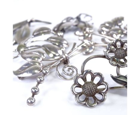 Various Danish stylised silver floral brooches, makers include Hermann Siersbol and John Lauritzen, largest length 53mm, 42g 