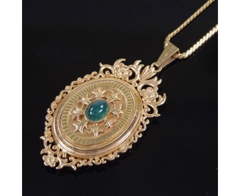 A 9ct gold cabochon chalcedony pendant locket necklace, on 9ct flat herringbone link chain, pendant height excluding bale 44.