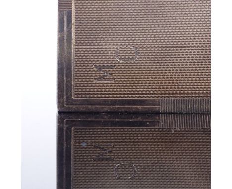 A George VI Art Deco silver square compact, engine-turned decoration with unmarked yellow metal thumb-piece, internal bevel-e