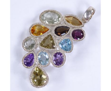 A large handmade sterling silver gem set pendant, gems include topaz, amethyst, citrine and quartz, pendant height 62.5mm, 27