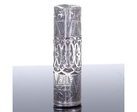 A late Victorian silver-mounted glass perfume bottle, pierced body with bright-cut engraved and engine turned decoration, by 