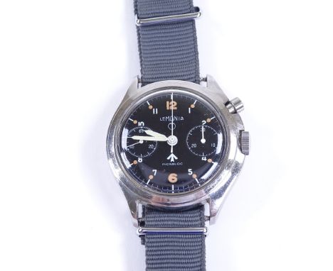 LEMANIA - a stainless steel British Military Royal Navy 'Single-Button' mechanical chronograph wristwatch, ref. 35-64, circa 