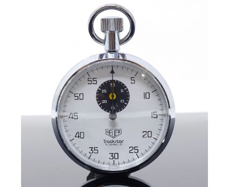 HEUER - a Vintage stainless steel Trackstar open-face top-wind stopwatch, white dial with Arabic numerals and black subsidiar