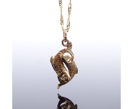 A 9ct gold figural Pisces pendant necklace, on 9ct twisted herringbone link chain, pendant height excluding bale 23.2mm, chai