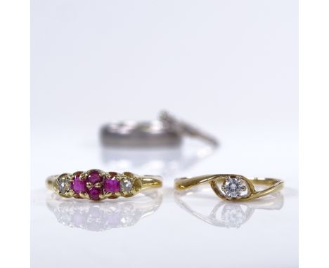 4 various rings, including 18ct ruby and diamond, 18ct solitaire, titanium wedding band, and silver stone set dress ring, siz