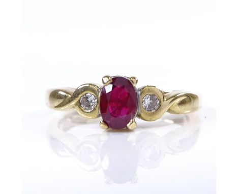 A modern 18ct gold 3-stone ruby and diamond dress ring, total diamond content approx 0.05ct, setting height 6mm, size K, 3.5g