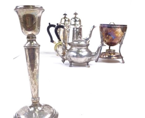 Various silver plate, including hot water jug, silver candlestick, egg warmer etcLot sold as seen unless specific item(s) are