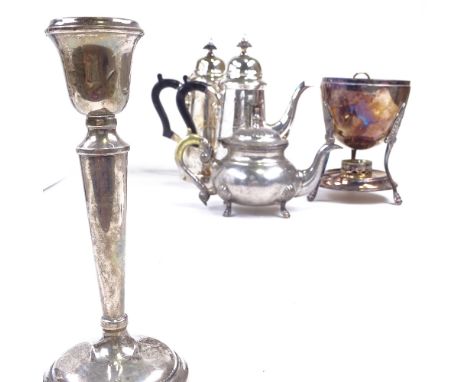 Various silver plate, including hot water jug, silver candlestick, egg warmer etcLot sold as seen unless specific item(s) are