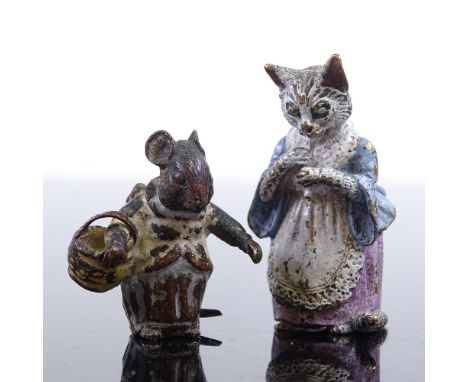 2 Austrian cold painted bronze Beatrix Potter characters, Tabitha Twitchit, height 4cm, and rabbit with a basket, height 3cmN