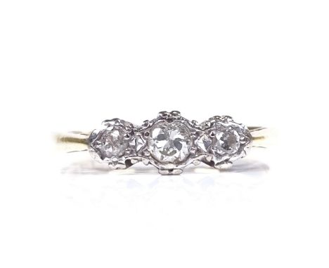 An 18ct gold 3 stone diamond half hoop ring, total diamond content approx 0.2ct, setting height 4.7mm, size K, 2.1gGood origi