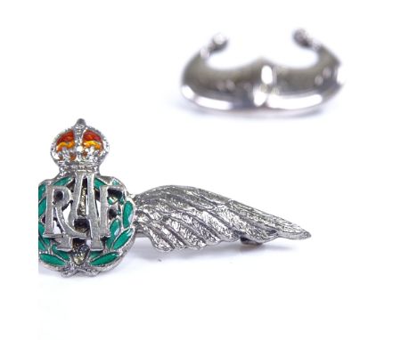 A Swedish silver Viking Revival helmet-shaped brooch, and a silver and enamel RAF sweetheart wings brooch, largest length 55.