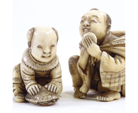 2 signed ivory carved figures, crouching man netsuke, and boy with tortoise, largest 4cm high.Crouching man, slight loss of m