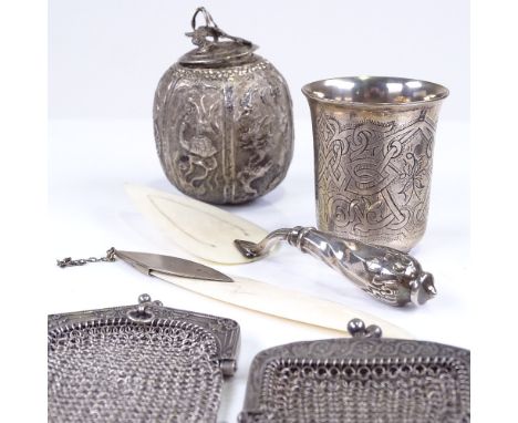 Various silver including Victorian heart shaped trinket box by William Comyns, Russian 85 zolotnik standard vodka measure, pa