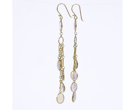 A pair of modern handmade 18ct gold cabochon opal tassel drop earring, earring height excluding fitting 53.2mm, 1.3g totalBot