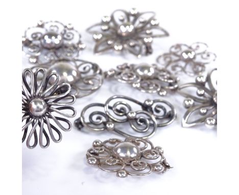 10 Danish stylised silver and unmarked circular floral brooches, makers include Hermann Siersbol and John Lauritzen, largest 