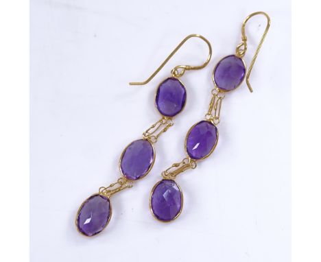 A pair of unmarked rose gold 3-stone amethyst drop earrings, earring height excluding fitting 35.8mm, 1.1g totalVery good ori