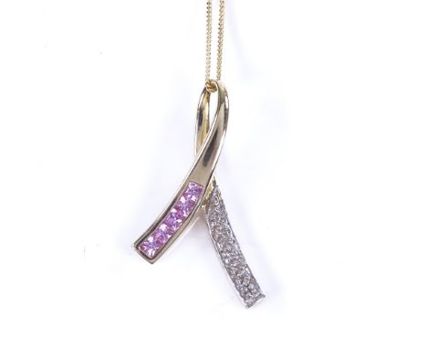 A 9ct gold pink sapphire and diamond crossover pendant necklace, on 9ct trace link chain, pendant height 25.6mm, chain length
