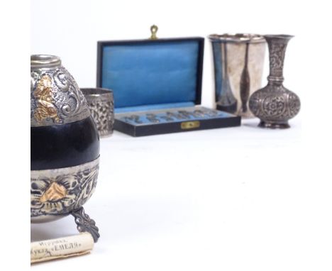 Various Eastern and other unmarked white metal and silver plated items, including a small Russian 85 Zolotnik Standard vase, 