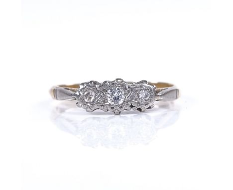 An early 20th century 18ct gold 3-stone diamond half hoop ring, total diamond content approx 0.1ct, setting height 4.8mm, siz