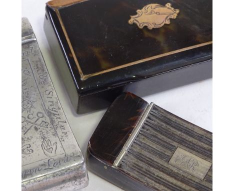 3 19th century snuff boxes, white metal with masonic motifs, and two tortoishell boxes.White metal - Surface scratches and ru