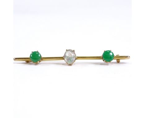 A Chinese 14ct gold 3-stone cabochon opal and green stone bar brooch, brooch length 57.3mm, 3.4gVery good original condition,