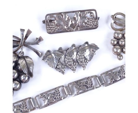 Various vintage Danish stylised silver grapevine jewellery, comprising 1 bracelet and 4 brooches, makers include John Lauritz